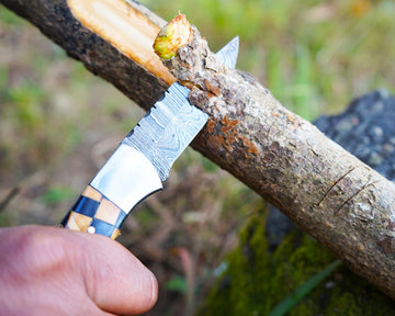 Sharp Damascus knife cutting wooden branch outdoors